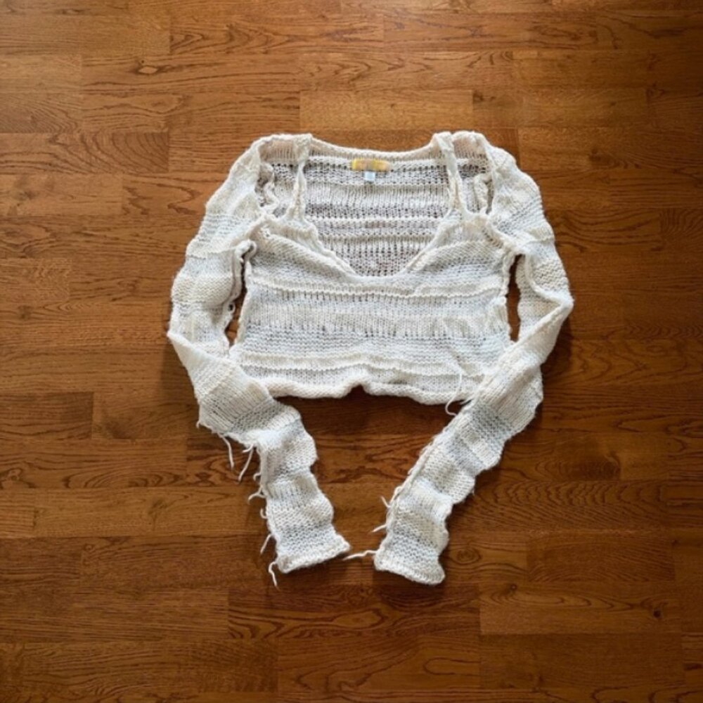 Urban Outfitters Beatrix Cold Shoulder Open Knit Cropped Sweater Ivory Cream XS